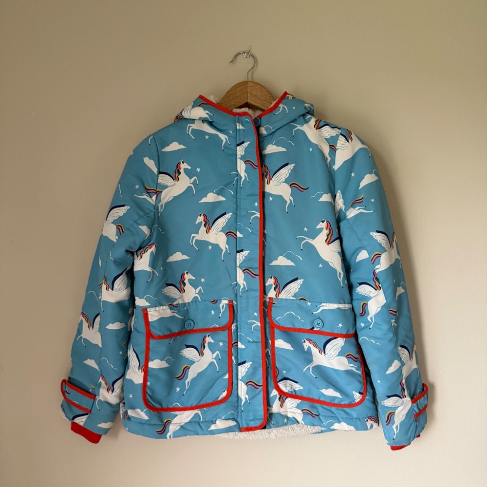 Mini Boden Unicorn Print Sherpa-Lined Coat Size 11-12